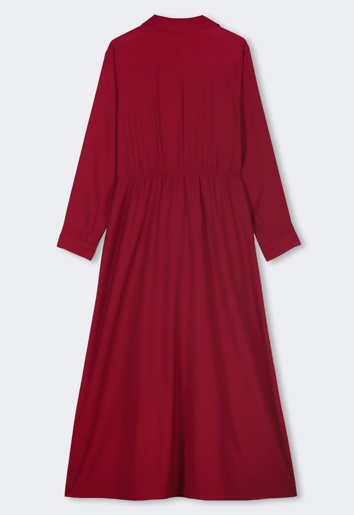 Choice Drawstring Waist Maxi Shirt Dress Burgundy