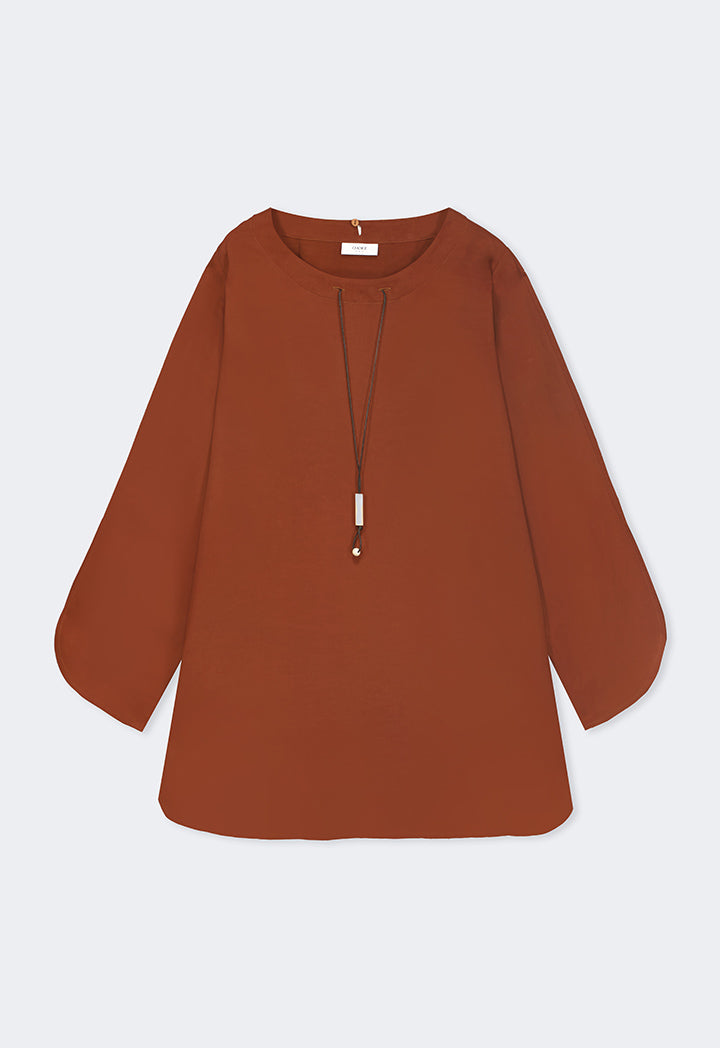 Choice Basic Flared Blouse With Attached Necklace Brown