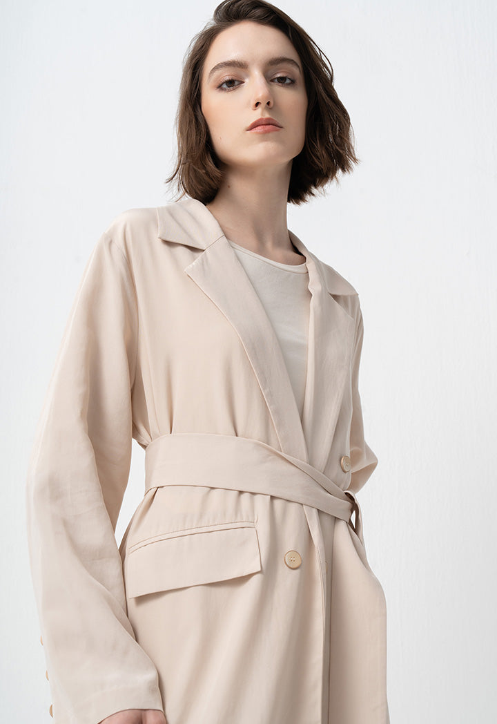 Choice Solid Notched Collar Belted Jacket Beige