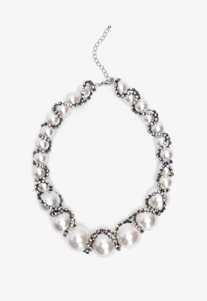 Choice Crystal Wrapped Faux Pearls Necklace Off White