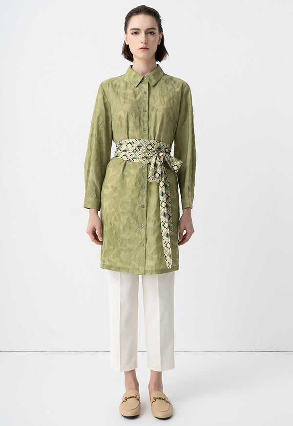 Choice Embroidered Floral Textured Midi Shirt Dress Green