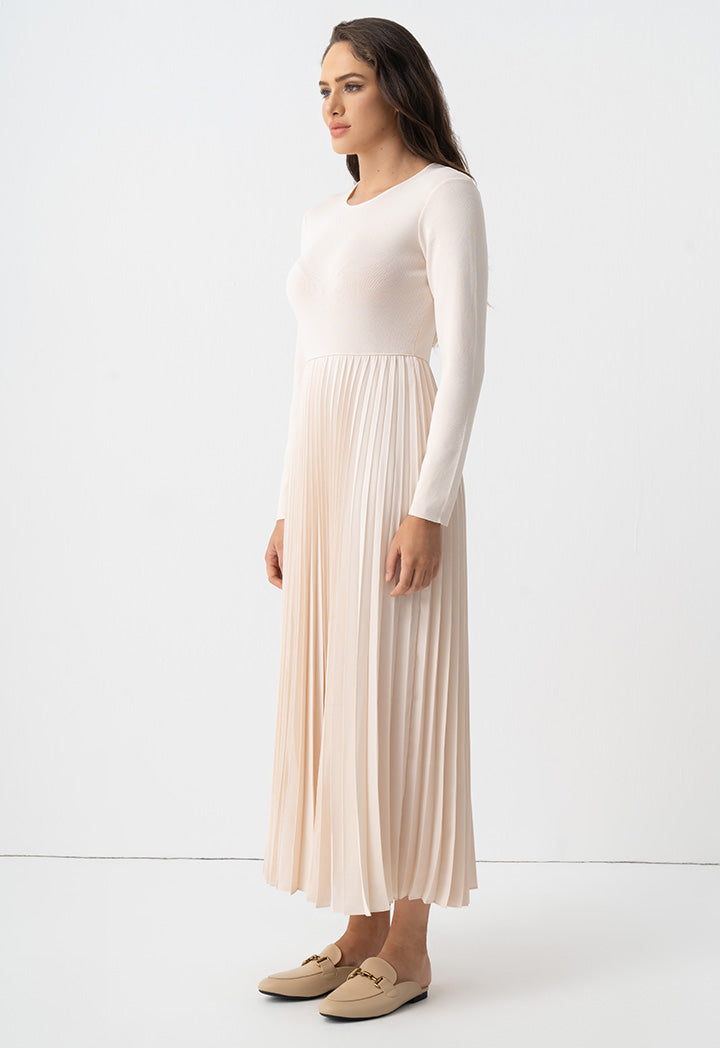 Choice Pleated Solid Long Sleeve Dress Beige