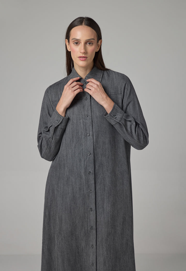 Choice Solid Flared Maxi Denim Dress Grey