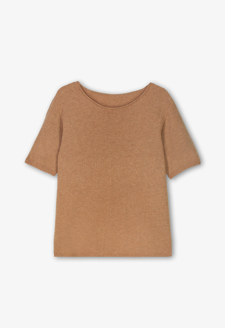 Choice Solid Short Sleeves Knitted Top Camel