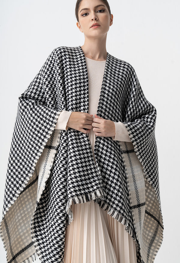 Choice Woven Houndstooth Poncho Black