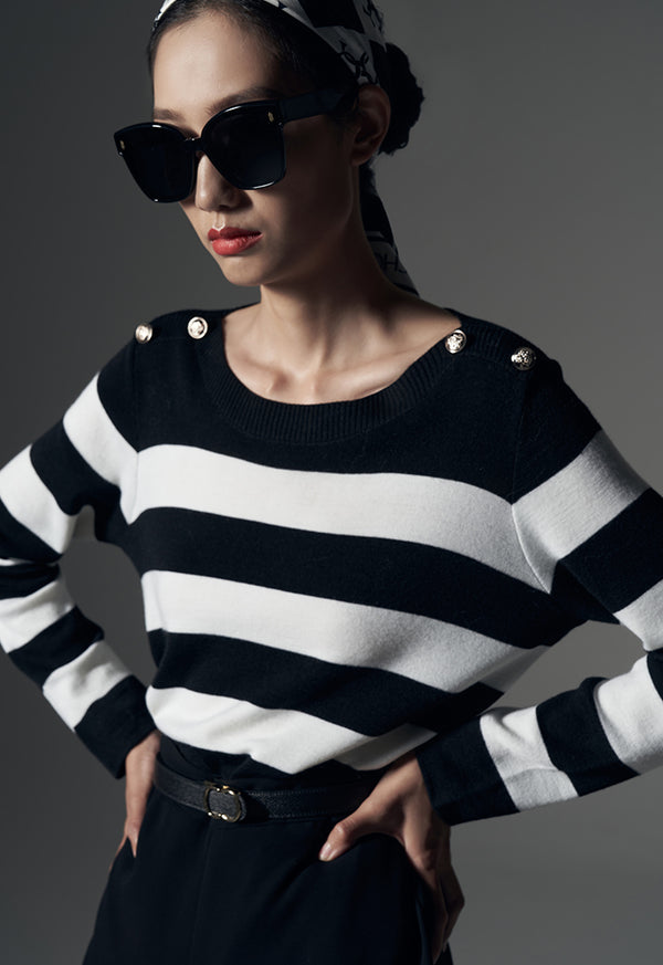 Choice Contrast Knitted Long Sleeve Blouse Black-White