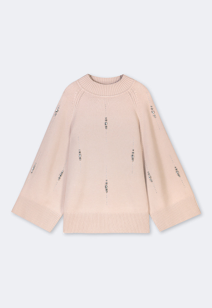 Choice Crystal Embellished Knitted Sweater Beige