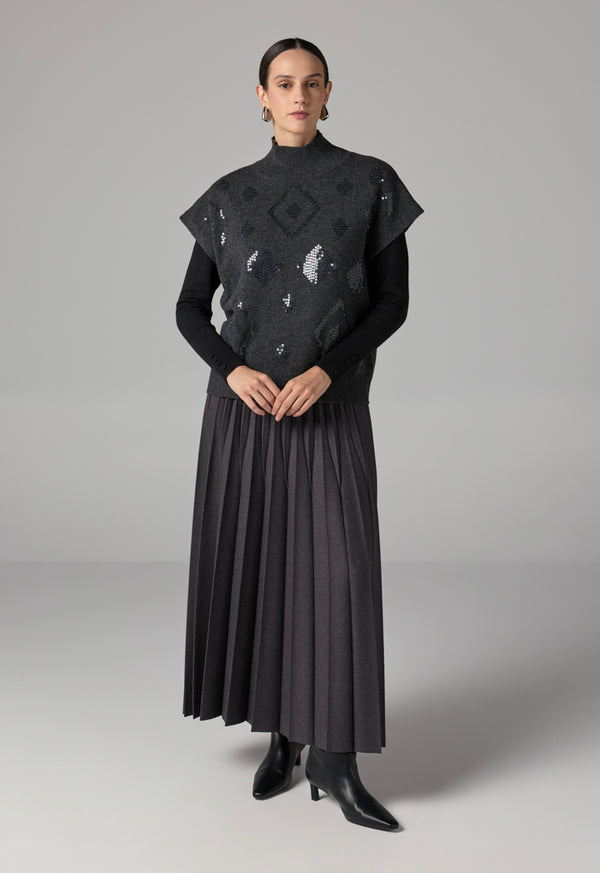 Choice Solid Sleeveless Sequins Knitted Top Grey