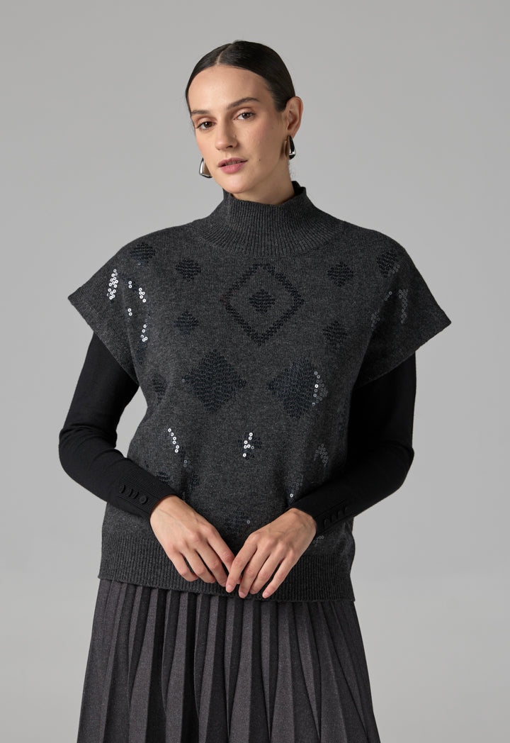 Choice Solid Sleeveless Sequins Knitted Top Grey