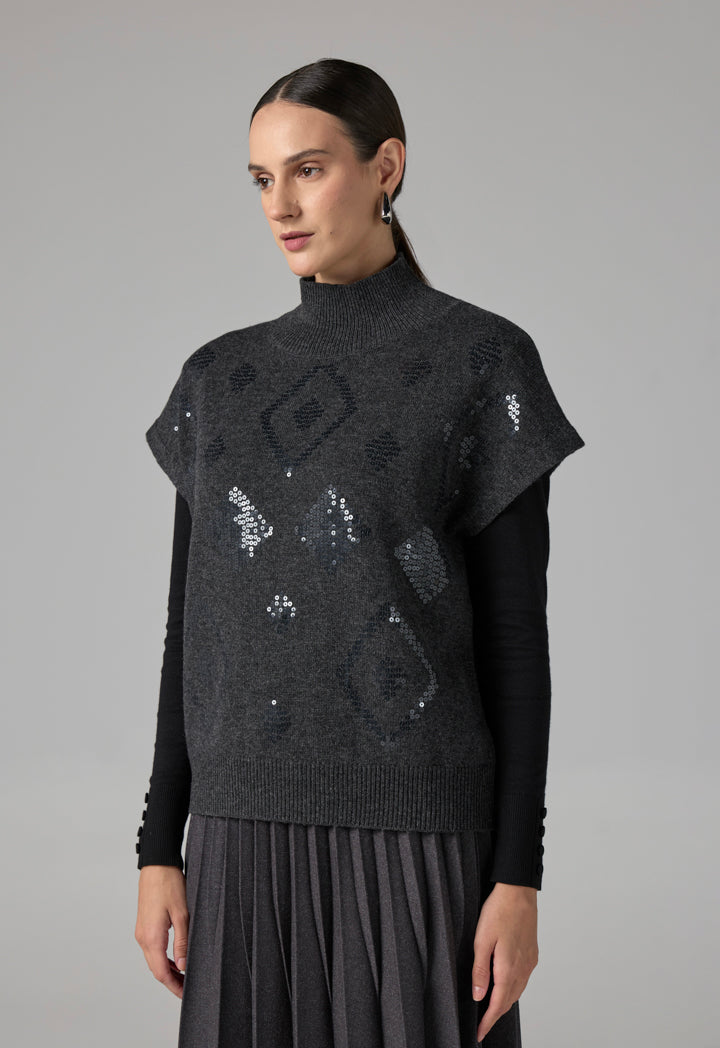 Choice Solid Sleeveless Sequins Knitted Top Grey