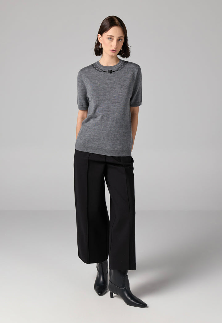 Choice Solid Knitted Short Sleeve Top Grey