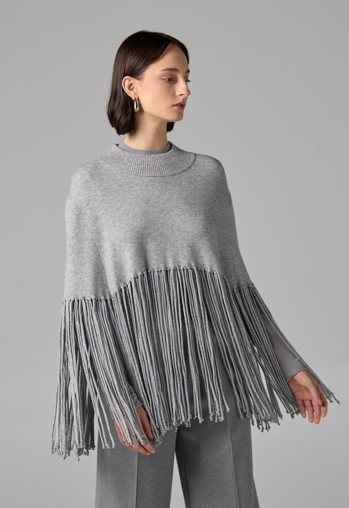 Choice Crew Neck Tassels Poncho Grey