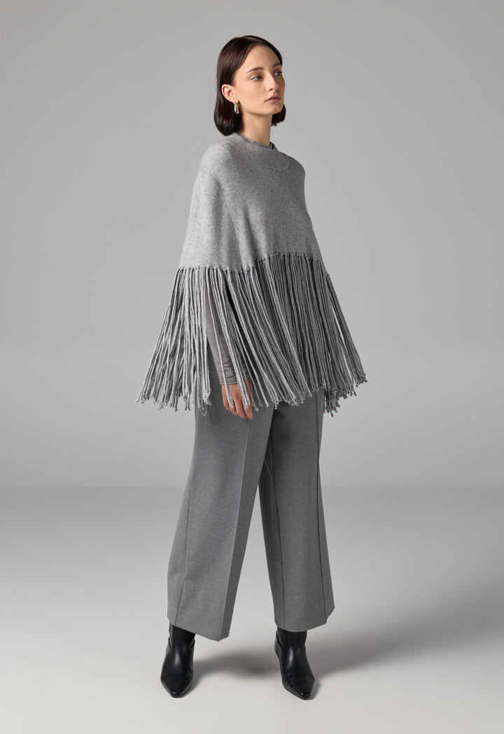 Choice Crew Neck Tassels Poncho Grey