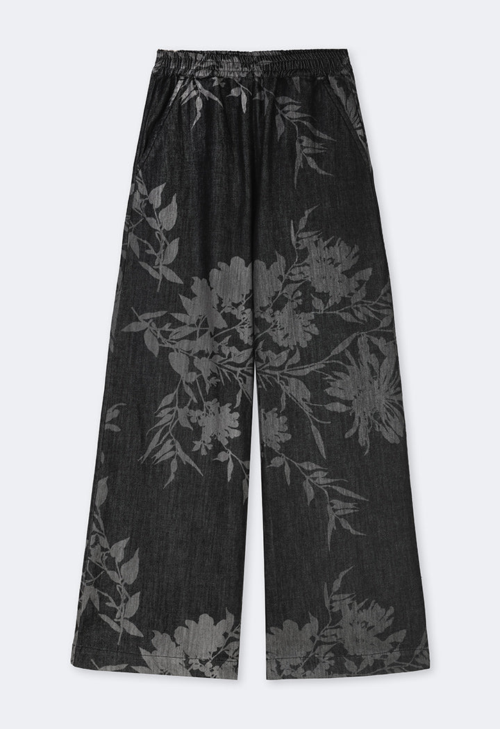 Choice Floral Patterned Wide Leg Denim Trousers Dark Grey