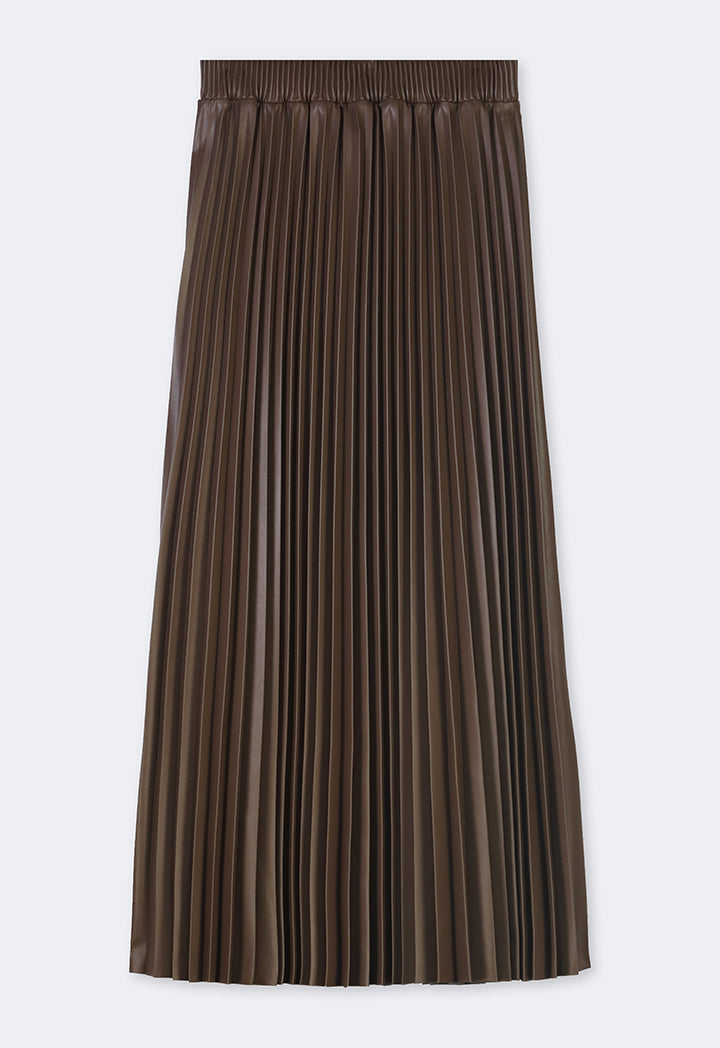 Choice Pleated Pu Leather Solid Skirt Brown