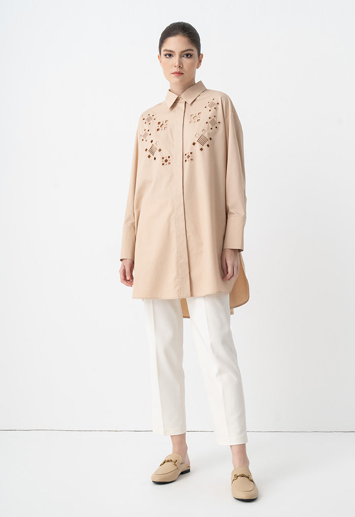 Choice Eyelet Embroidered Belted Shirt Beige
