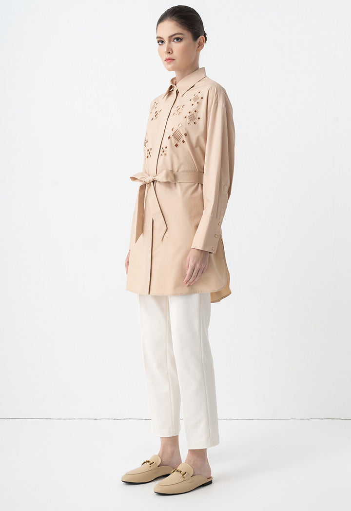 Choice Eyelet Embroidered Belted Shirt Beige