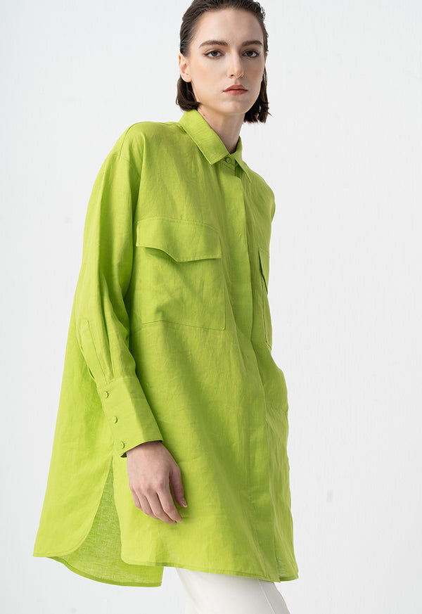 Choice Solid Front Flap Pockets Oversize Shirt Green