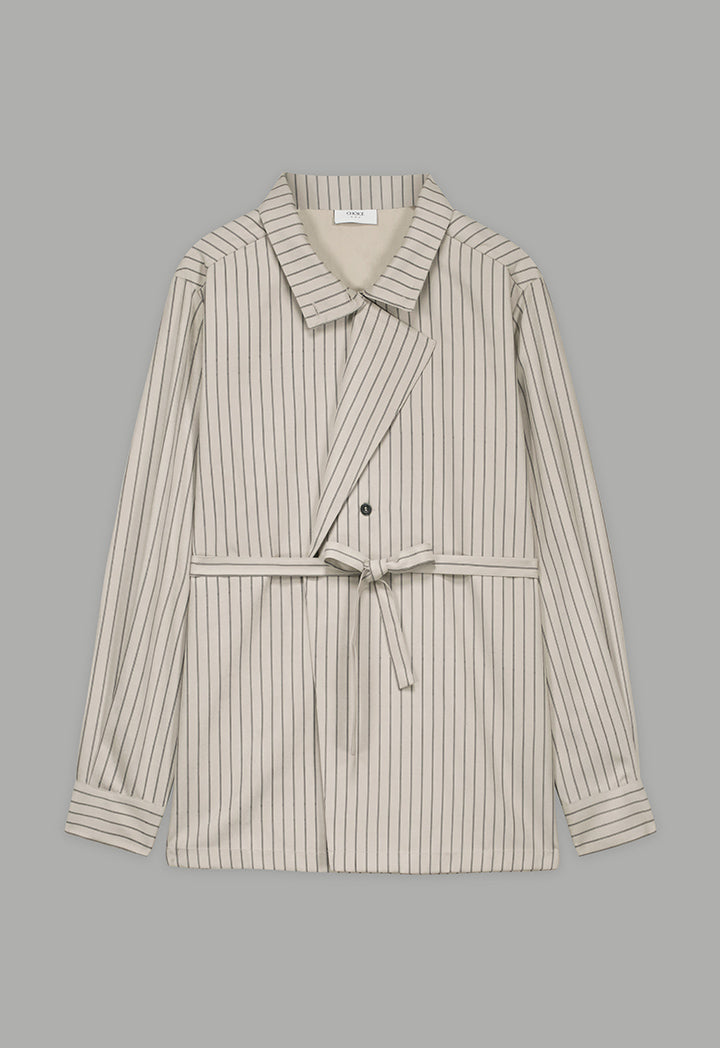 Choice Contrast Striped Belted Shirt  Beige