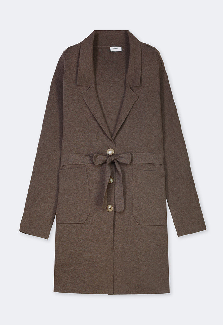 Choice Solid Knitted Belted Cardigan With Scarf Brown