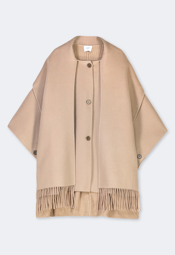 Choice Winter Wool Poncho With Non Detachable Scarf Beige