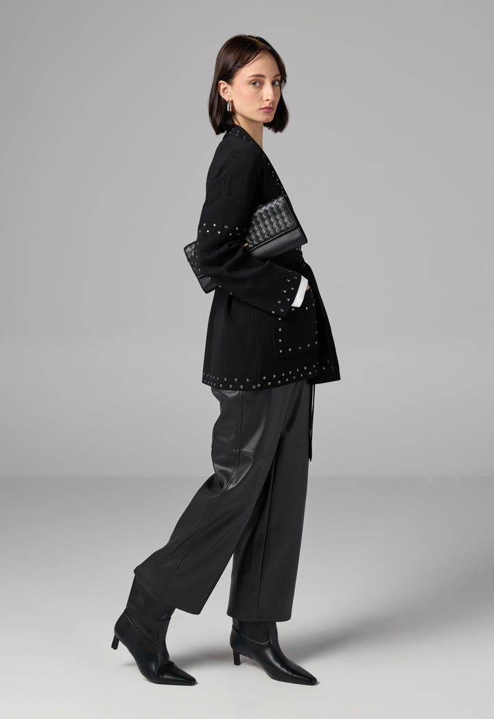 Choice Stud Detail Knitted Belted Cardigan Black