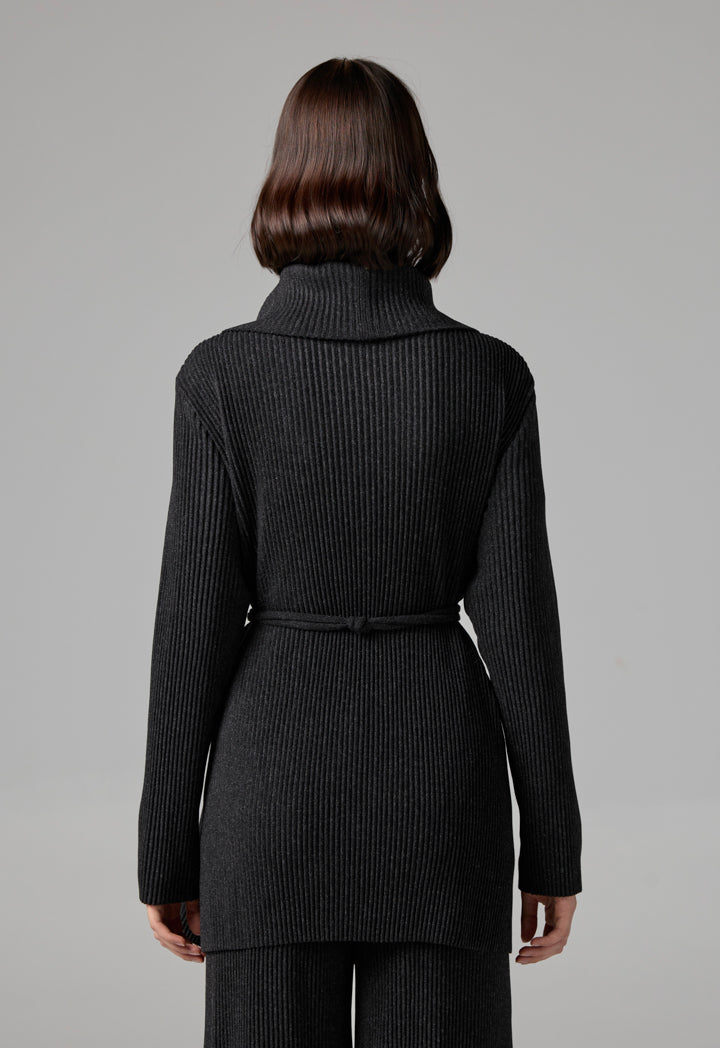 Choice Knitted Ribbed Belted Cardigan Black