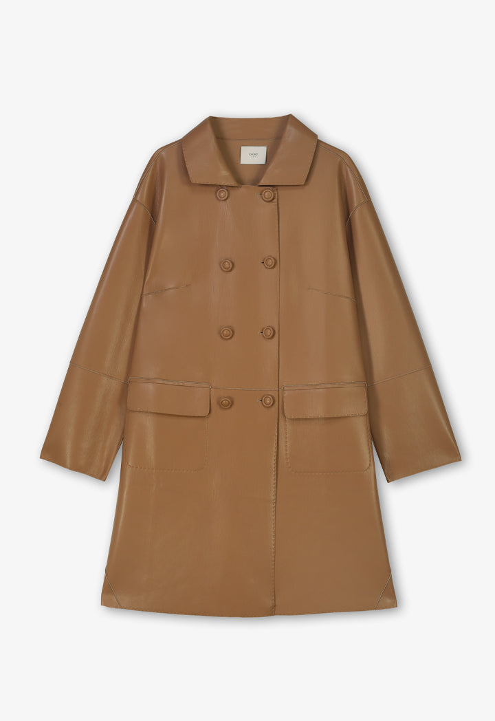 Choice Solid Synthetic Leather Midi Trench Coat  Camel