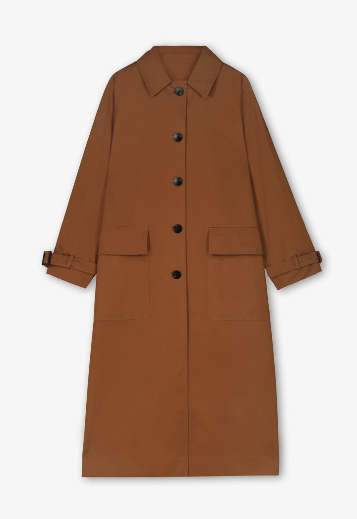 Choice Solid Flap Front Pocket Trench Coat  Brown