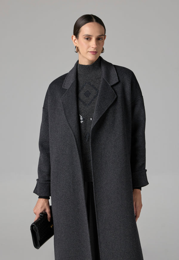 Choice Solid Handmade Midi Belted Coat  Grey