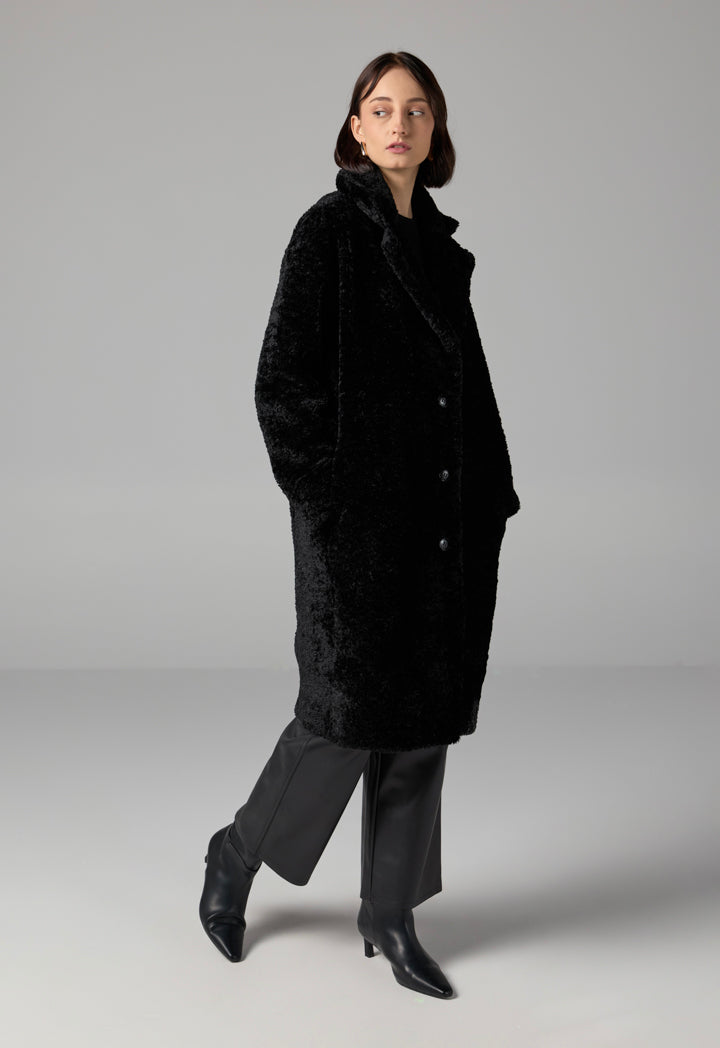 Choice Long Sleeve Solid Midi Teddy Coat Black