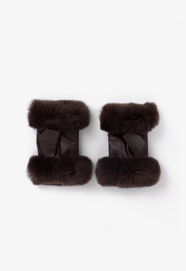 Choice Faux Fur Embellished Fingerless Gloves Brown