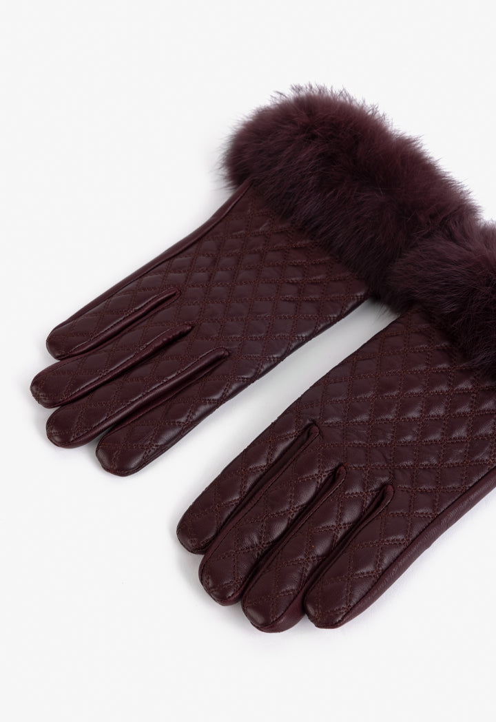 Choice Quilted Faux Fur Embellished Gloves Burgundy