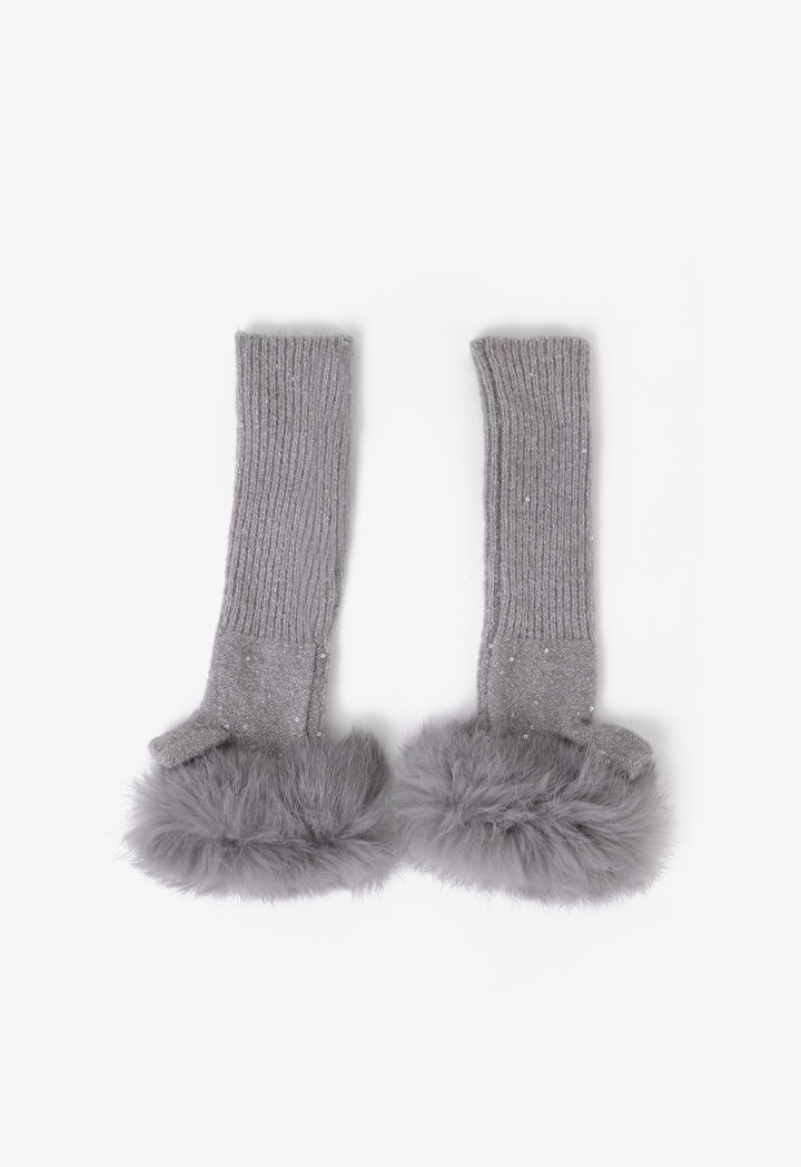 Choice Faux Fur Embellished Lurex Gloves Grey