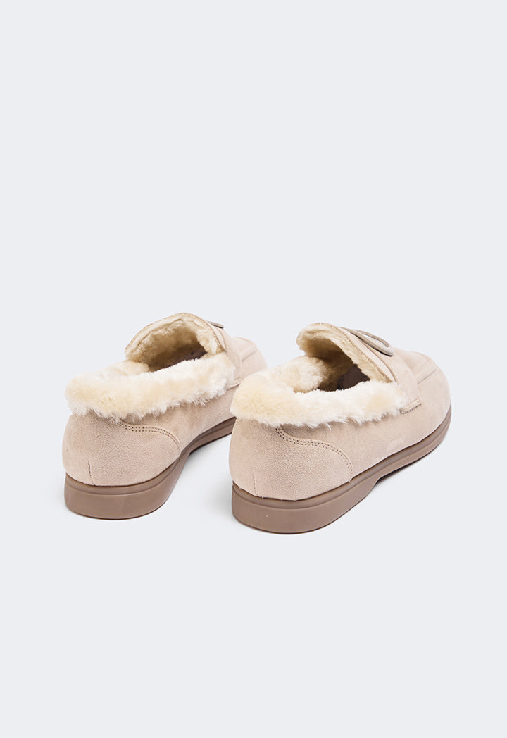 Choice Shearling Detailed Suede Loafers Beige