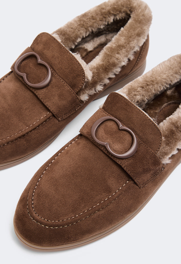 Choice Shearling Detailed Suede Loafers Brown