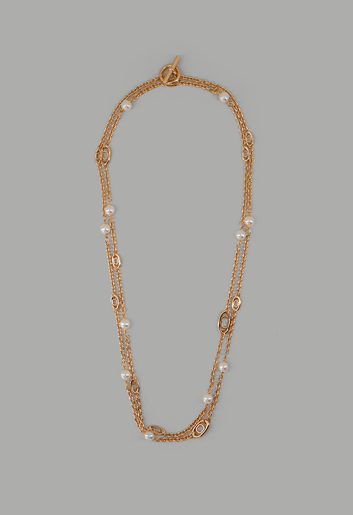 Choice Long Faux Pearls Metallic Necklace Gold