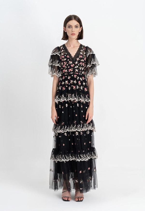 Choice All Over Embroidered Floral Layered Maxi Dress Black