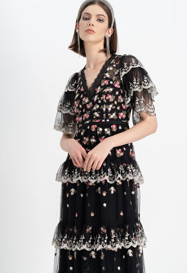 Choice All Over Embroidered Floral Layered Maxi Dress Black