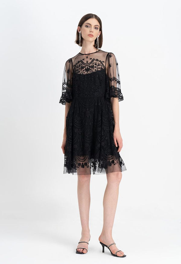 Choice All Over Embroidered Floral Midi Dress Black