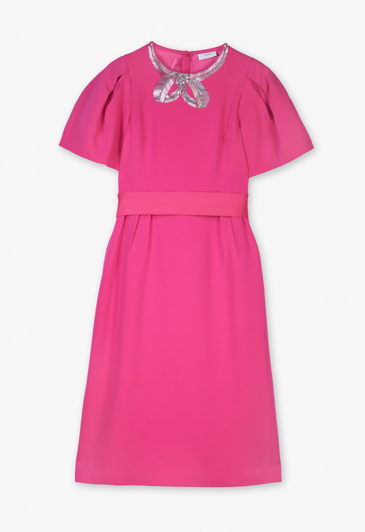 Choice Solid Puff Sleeves Crystal Dress Fuchsia
