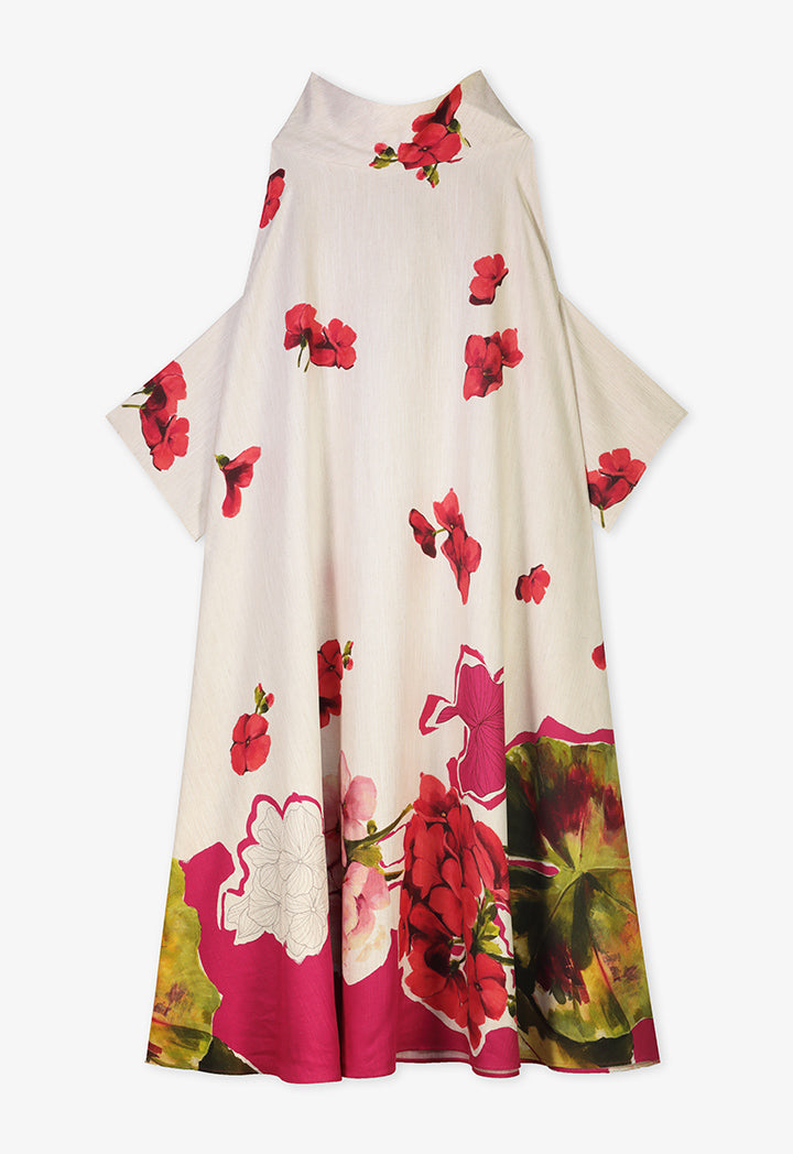 Choice Cutout Sleeve Floral Dress Cream