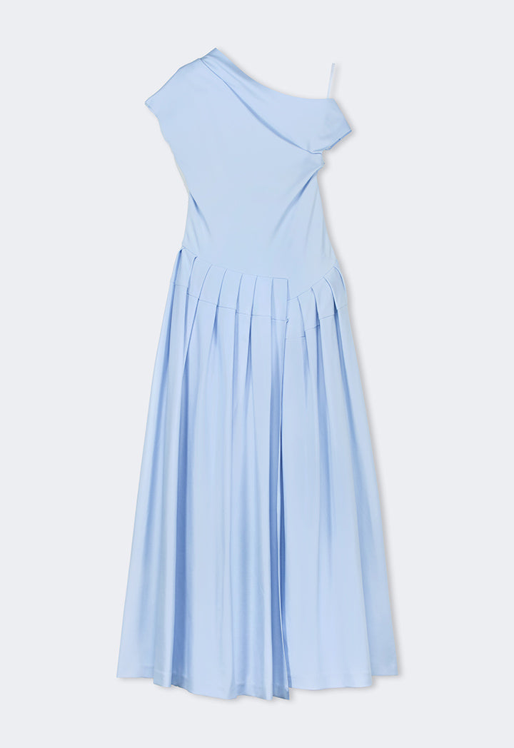 Choice Half Of Shoulder Pleated Dress Blue