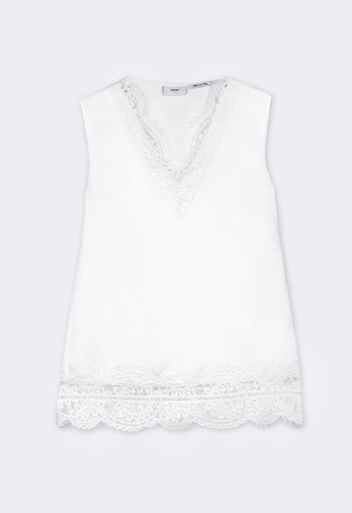 Choice Solid Sleeveless Lace Detail Top Off White