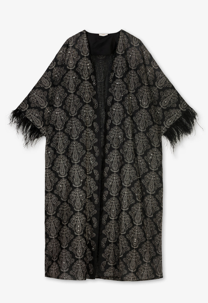 Choice Embroidered Sequins Fringe Maxi Abaya - Ramadan Style Black