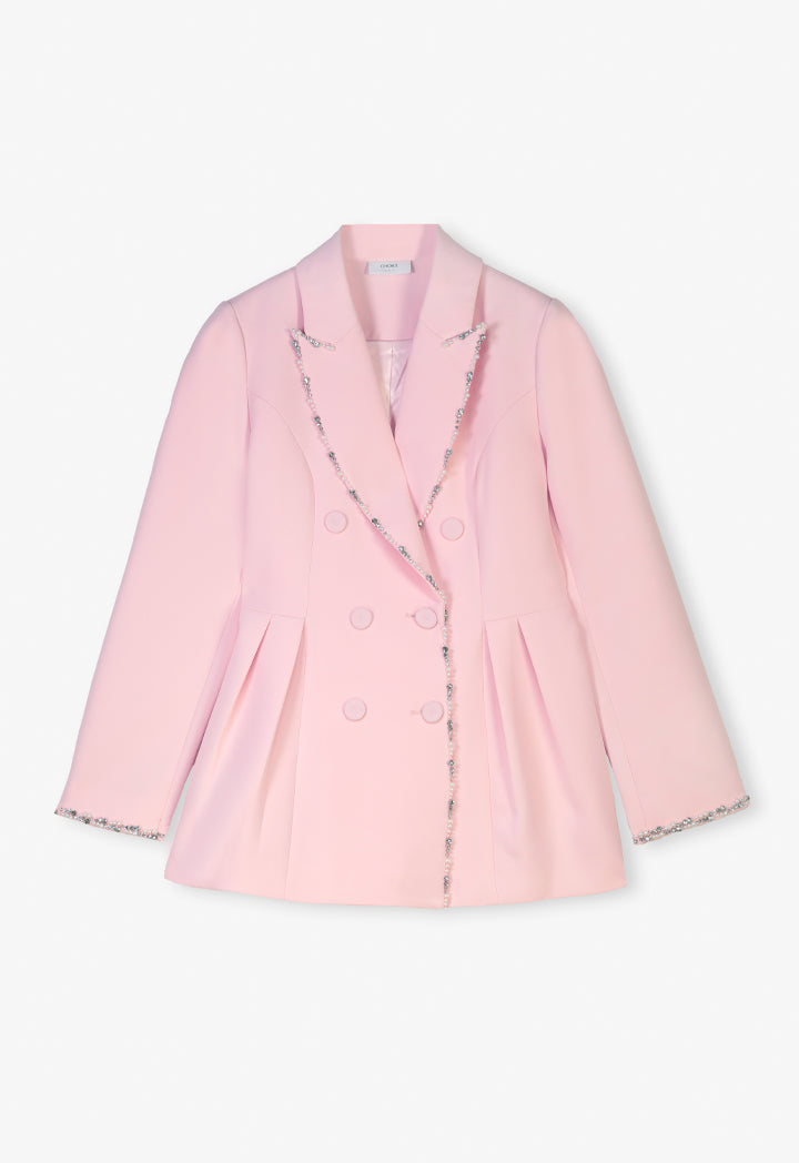Choice Faux Pearl Embellished Double Breasted Blazer Pink