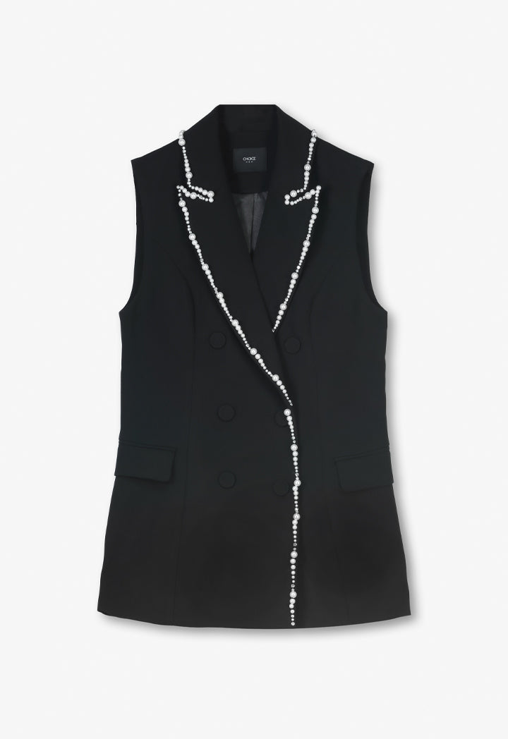 Choice Faux Pearl Crystal Embellished Sleeveless Gilet Black