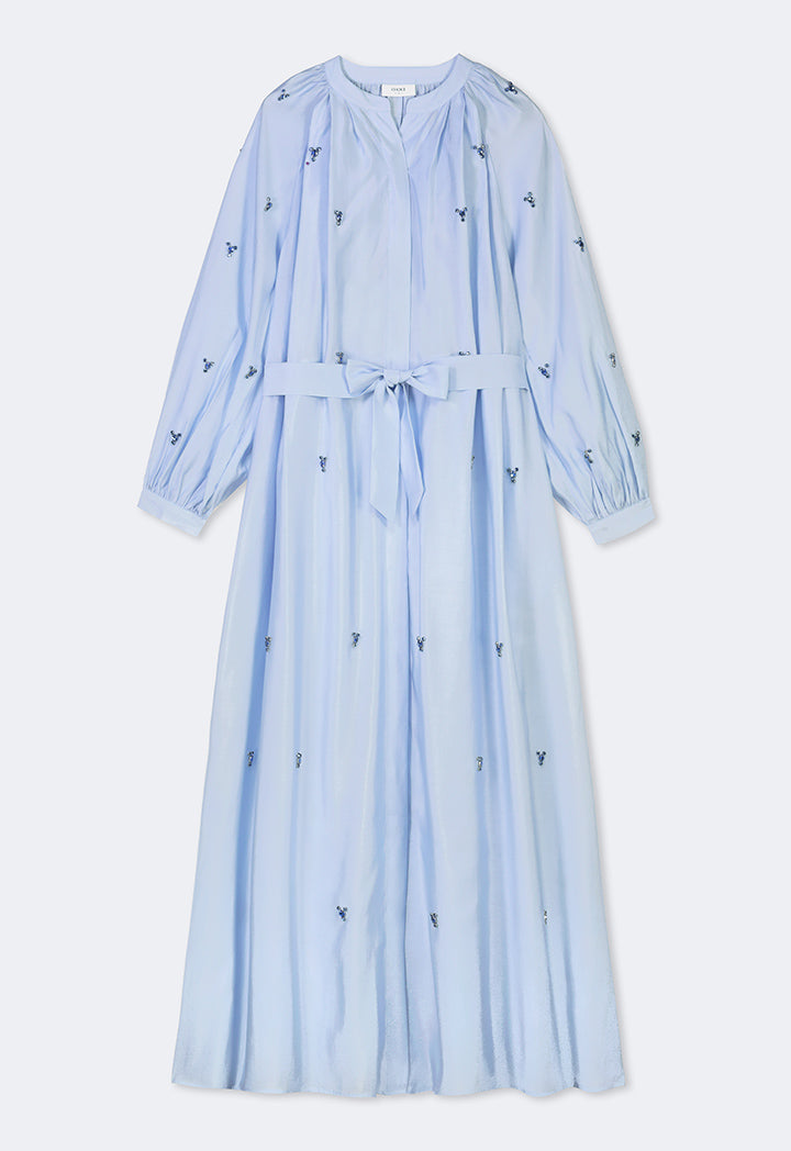 Choice Solid Crystal Embellished Belted Dress Blue