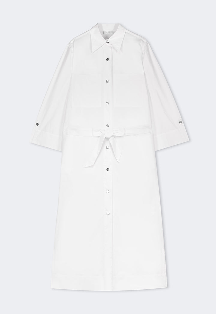 Choice Front Pockets Monogram Shirt Dress Off White