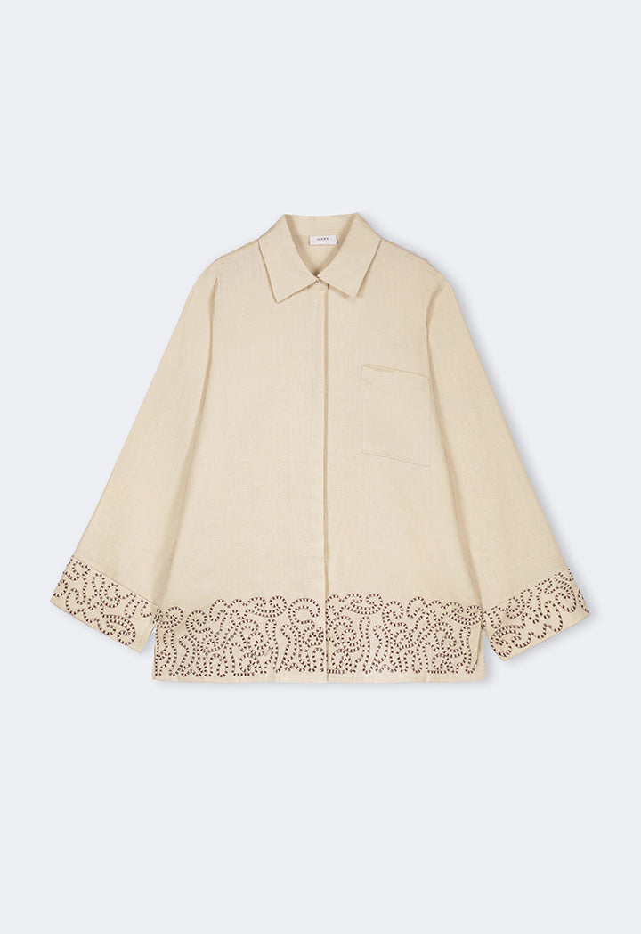 Choice Embroidered Contrast Linen Shirt Beige